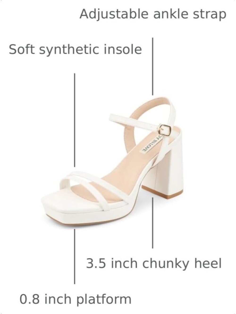 Women's White Matte Ankle Strap Square Open Toe Chunky Block Heels Sandals - Picture 3 of 6